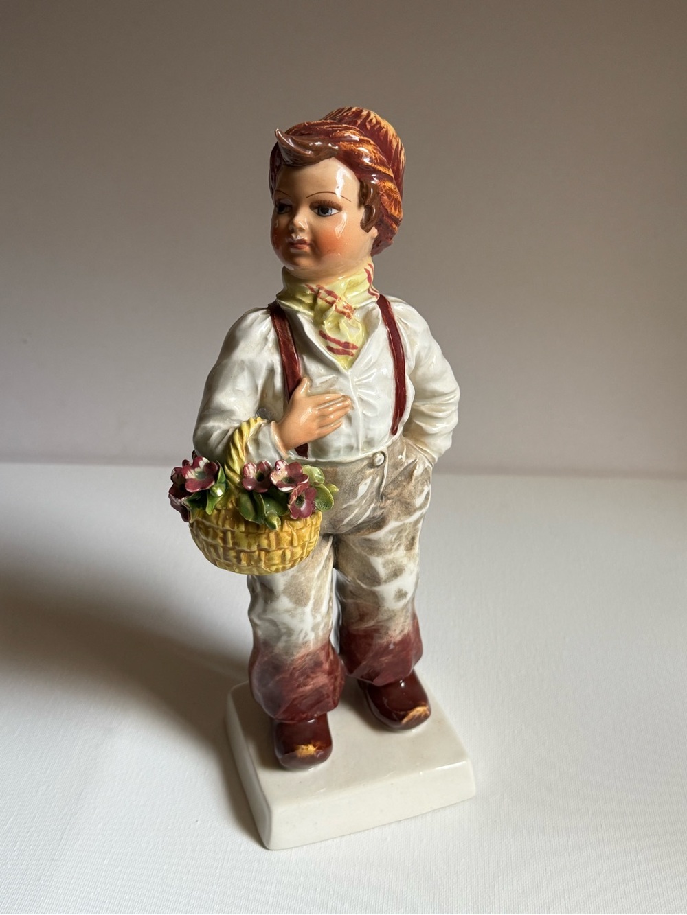 CARLO MOLLICA Capodimonte Porcelain Boy Figurine with Flower Basket Vintage